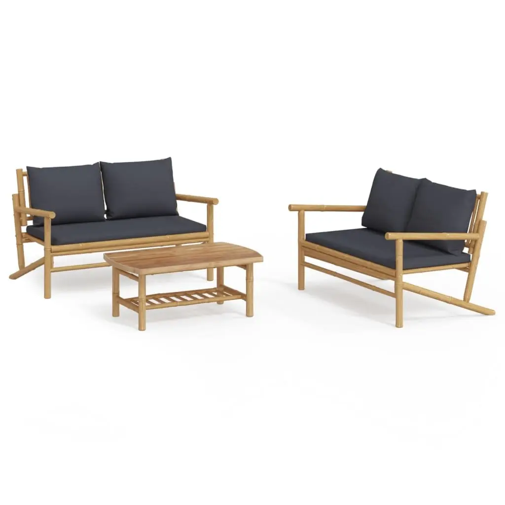 Garden Lounge Set Bamboo 3 Piece Outdoor Furniture Brown with Dark Grey Cushions