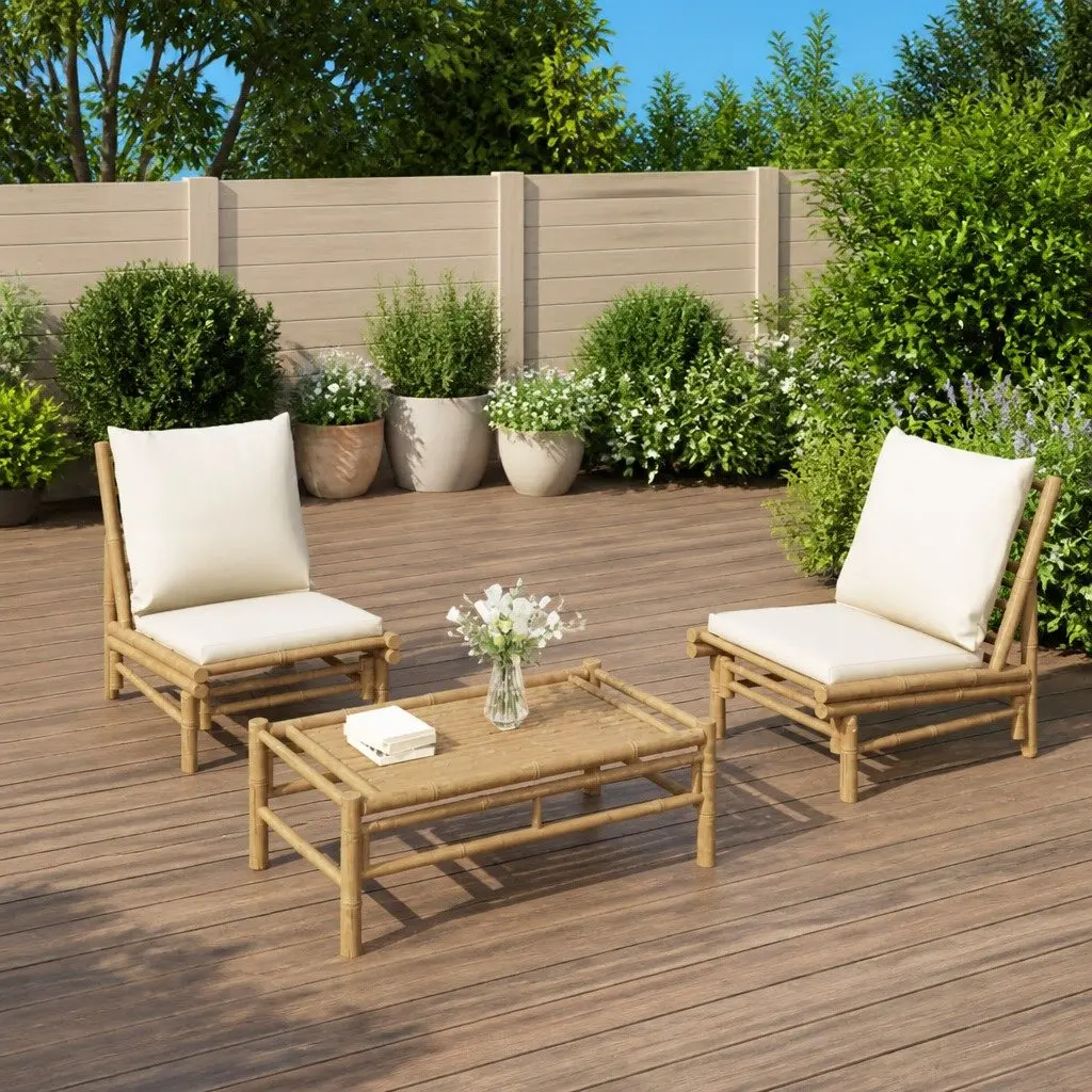 Garden Lounge Set Bamboo 3 Piece Outdoor Furniture Brown with Cream Cushions