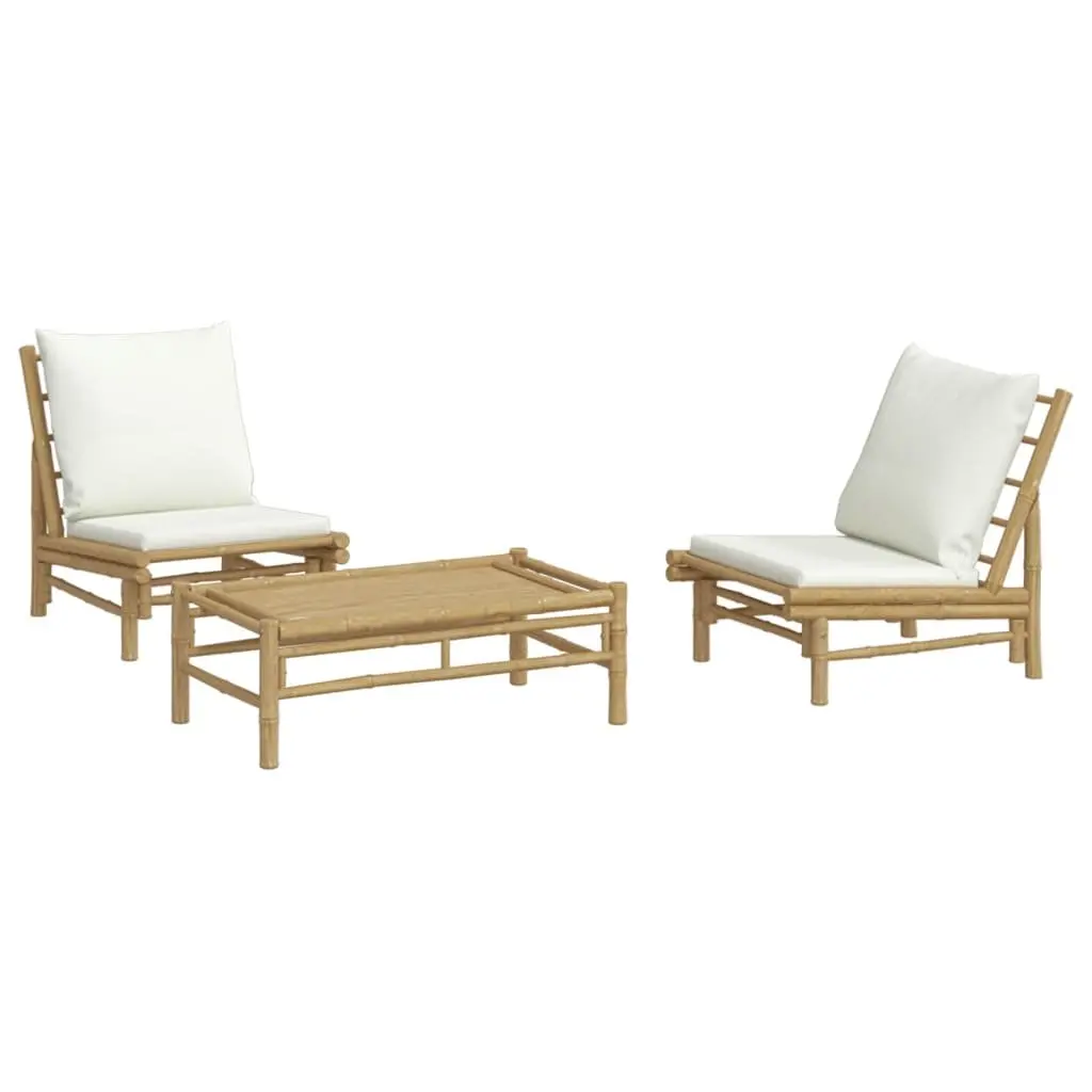 Garden Lounge Set Bamboo 3 Piece Outdoor Furniture Brown with Cream Cushions