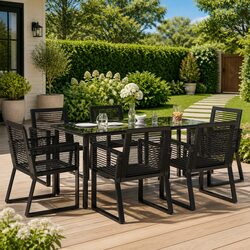 7 Piece Black Rattan Outdoor Dining Set with Table