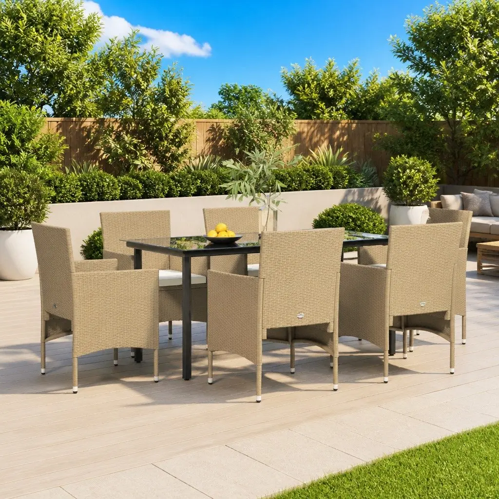 7 Piece Outdoor Dining Set with Beige Cushions