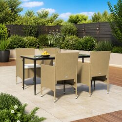 5 Piece Outdoor Rattan Dining Set with Cushions in Beige and Black
