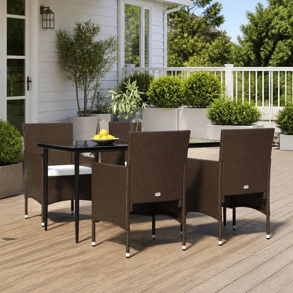 Garden Dining Set PE Rattan 5 Piece Outdoor Furniture Table Chairs Cushions Brown