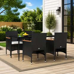 5 Piece Black Garden Dining Set Rattan Outdoor Table Chairs with Cushions