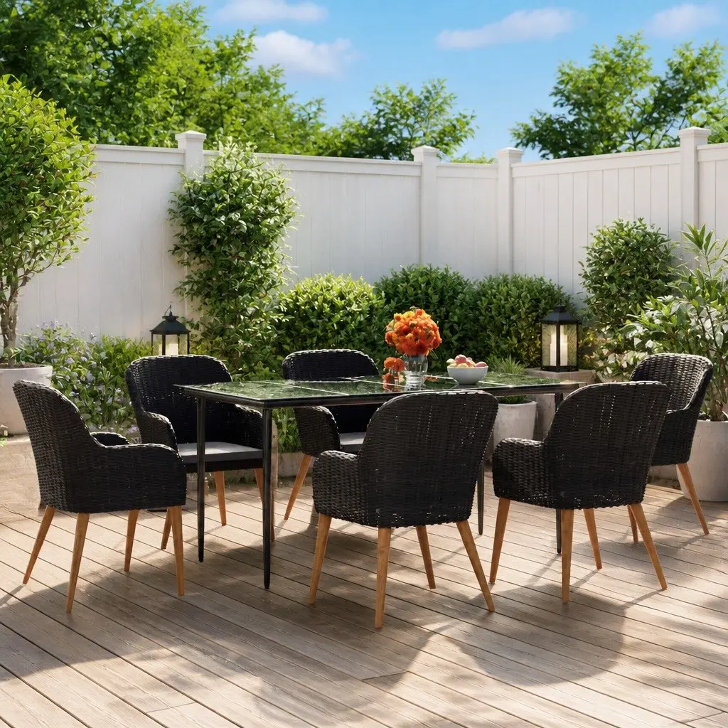 7 Piece Outdoor Dining Set Acacia Wood Tempered Glass Black