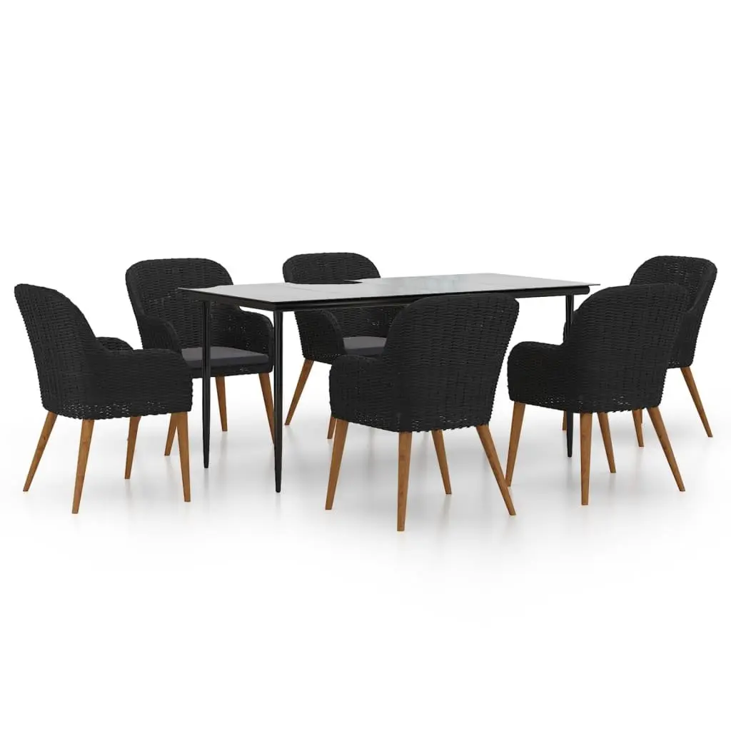 7 Piece Outdoor Dining Set Acacia Wood Tempered Glass Black