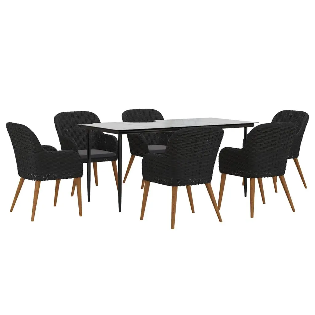 7 Piece Outdoor Dining Set Acacia Wood Tempered Glass Black