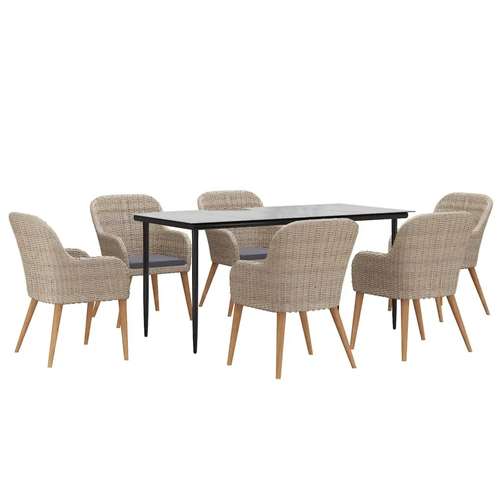 7 Piece Outdoor Dining Set Acacia Wood Tempered Glass Table Cushioned Brown
