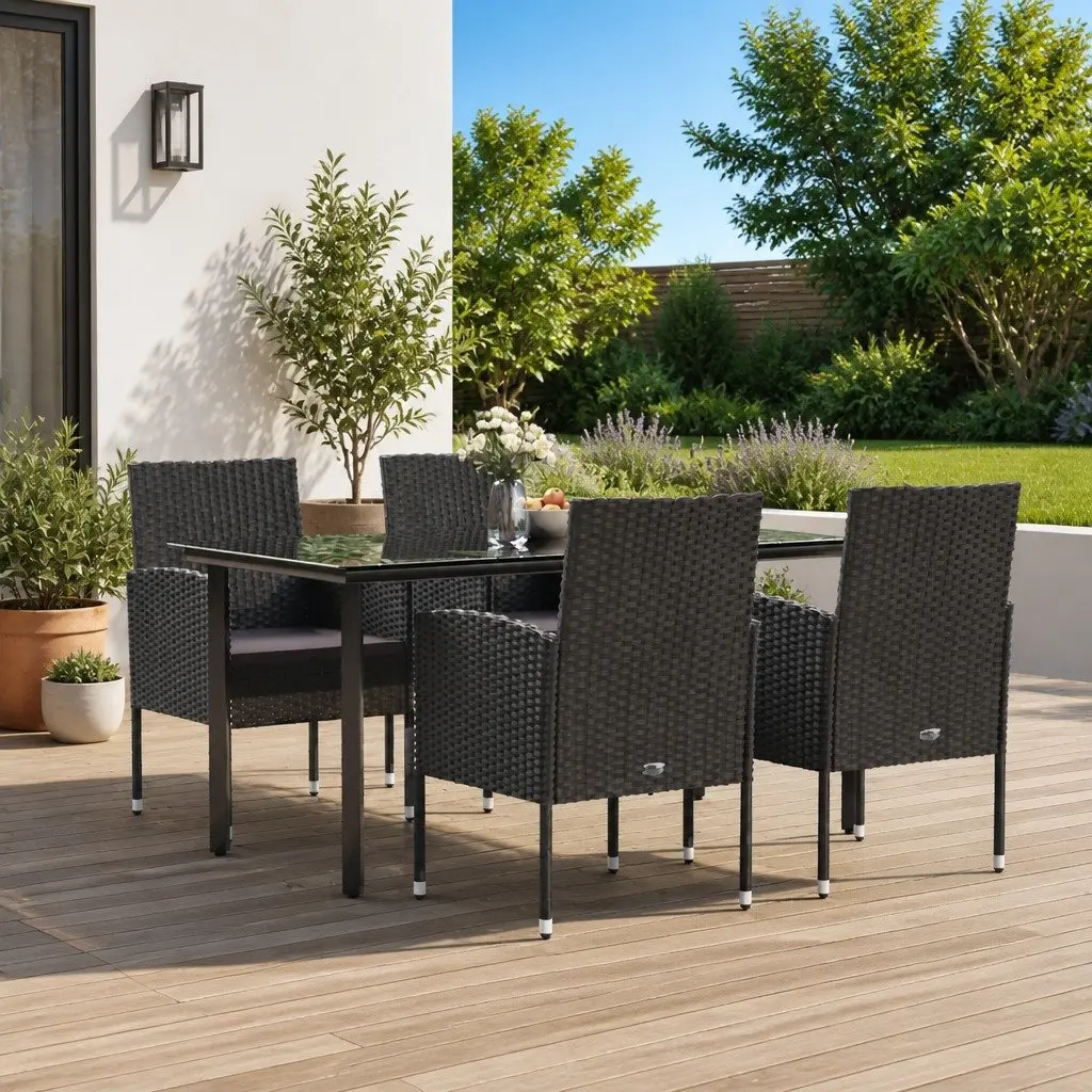 5 Piece Outdoor Dining Set PE Rattan Steel Table Chairs Black
