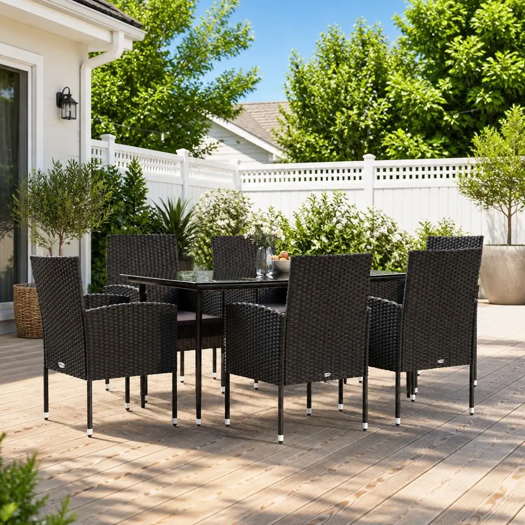 Black Poly Rattan 7 Piece Outdoor Dining Set with Cushions