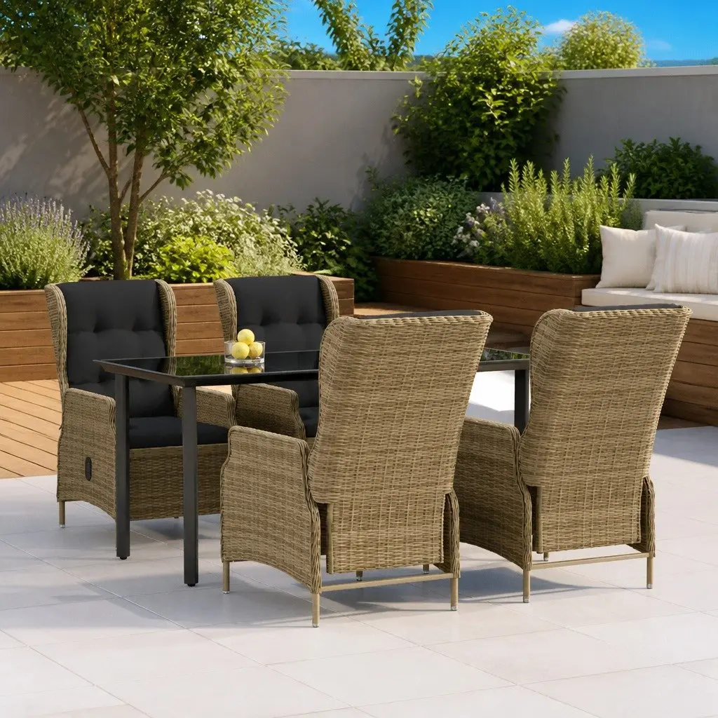 5 Piece Garden Dining Set PE Rattan Steel Frame Tempered Glass Brown