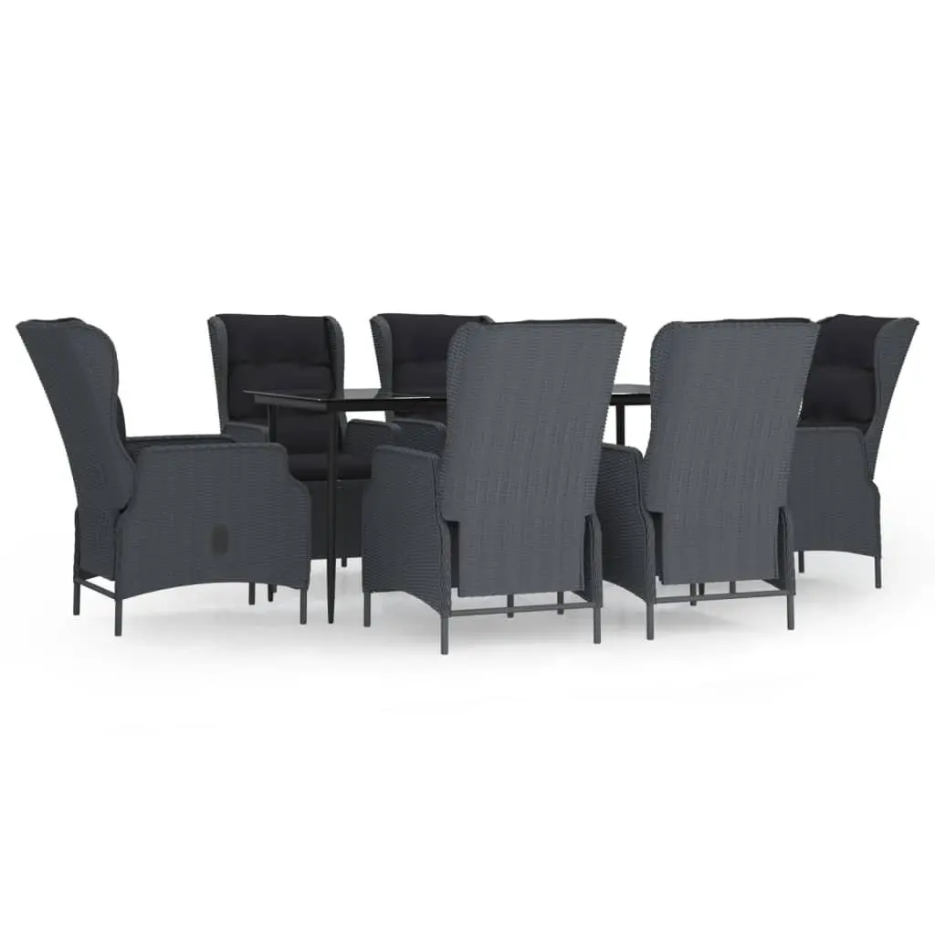 7 Piece Garden Dining Set Grey Poly Rattan Tempered Glass Table Steel Frame Chairs
