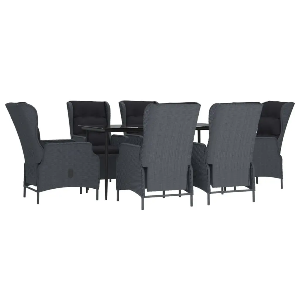 7 Piece Garden Dining Set Grey Poly Rattan Tempered Glass Table Steel Frame Chairs