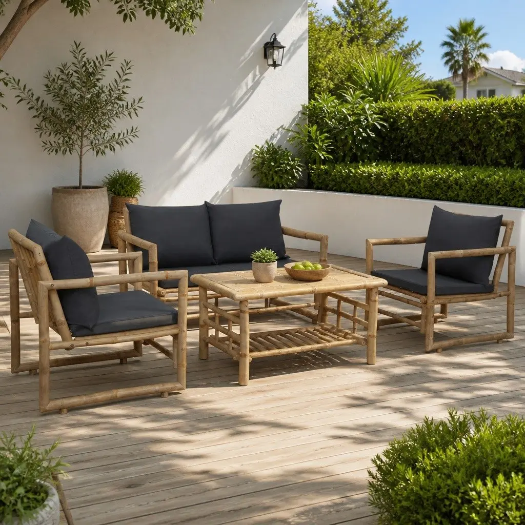 Garden Lounge Set Bamboo 4 Piece Outdoor Furniture Grey Bench Chairs Table Cushions