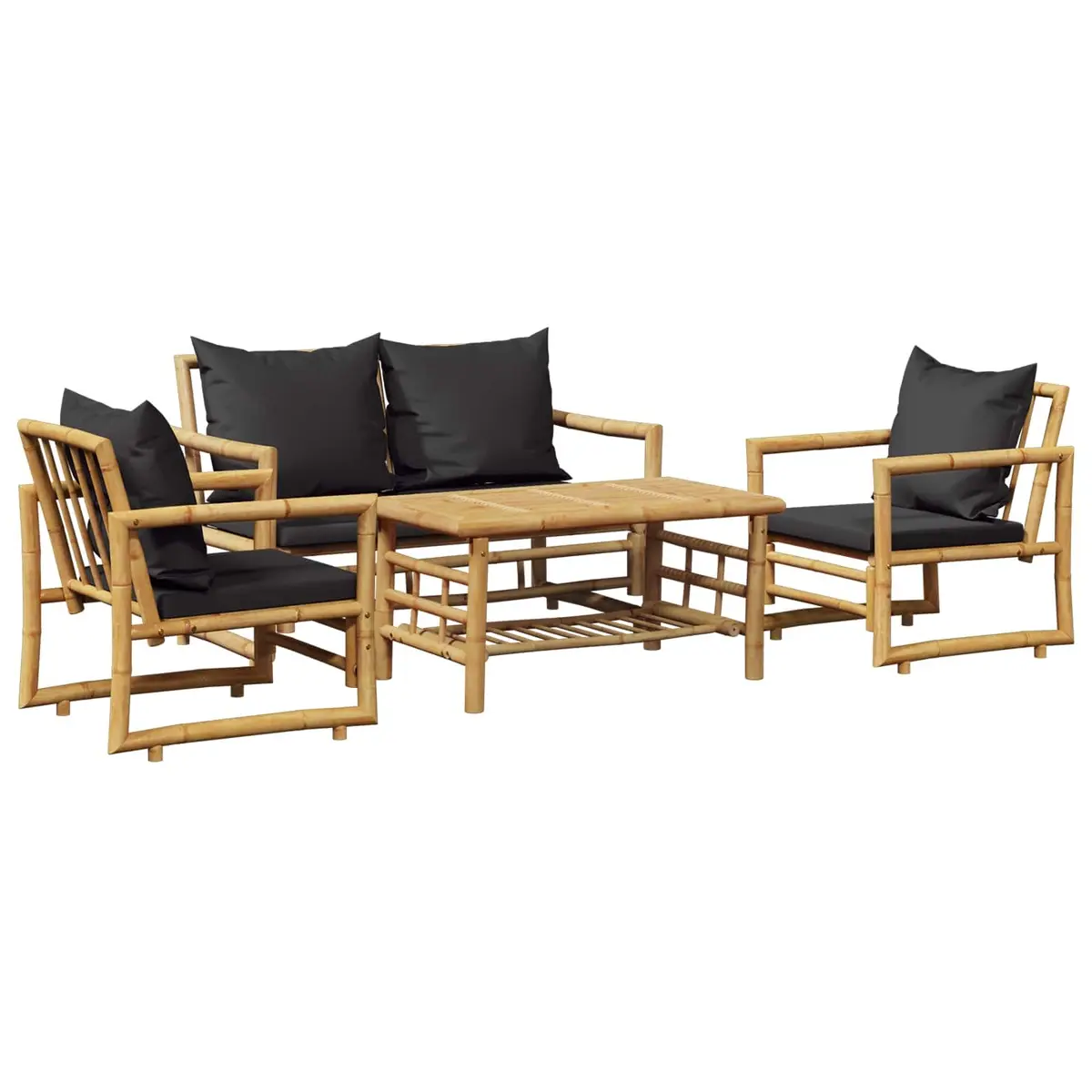 Garden Lounge Set Bamboo 4 Piece Outdoor Furniture Grey Bench Chairs Table Cushions