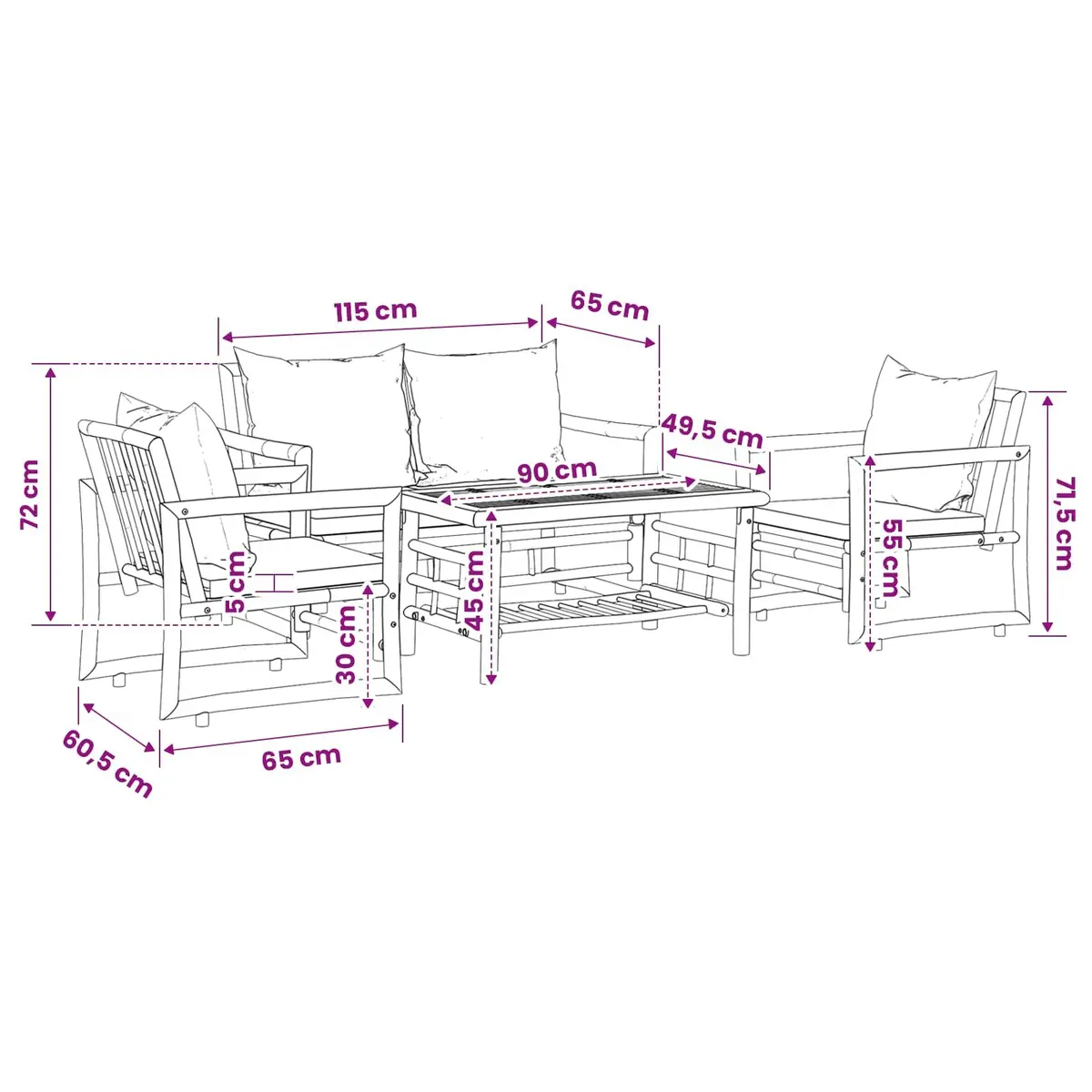 Garden Lounge Set Bamboo 4 Piece Outdoor Furniture Grey Bench Chairs Table Cushions