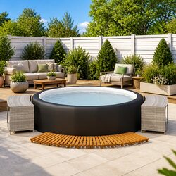Durable Hot Tub Surround with Grey Poly Rattan and Acacia Wood