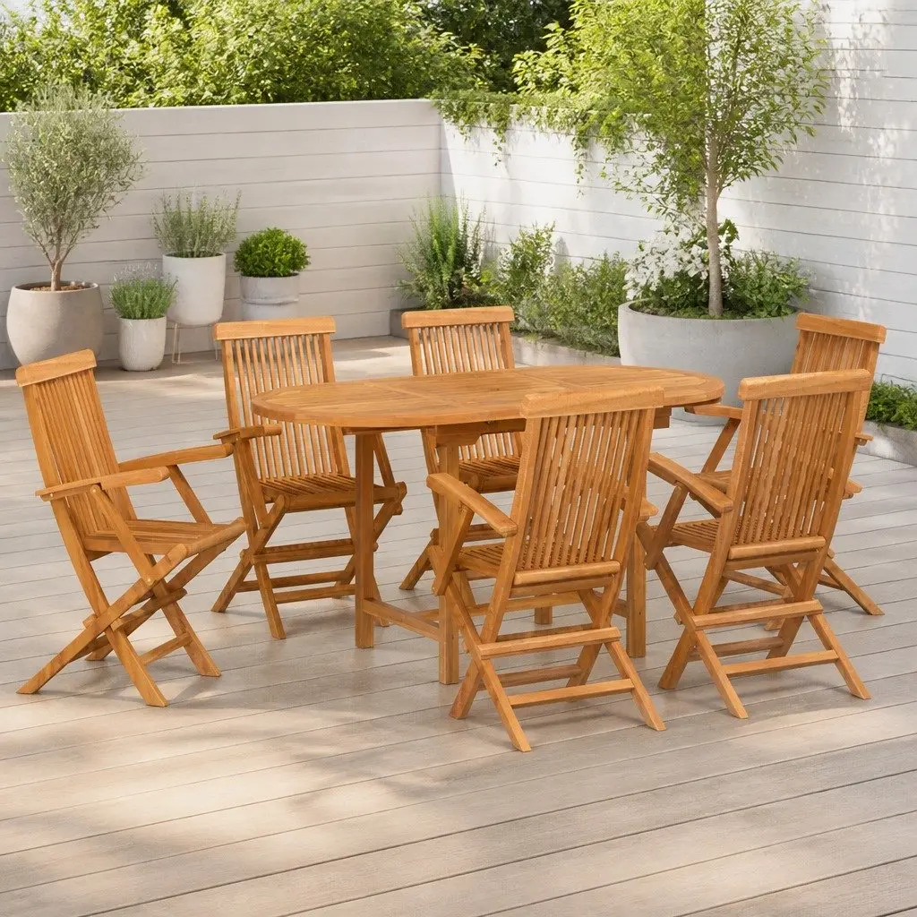 Brown Teak Wood 7-Piece Garden Dining Set
