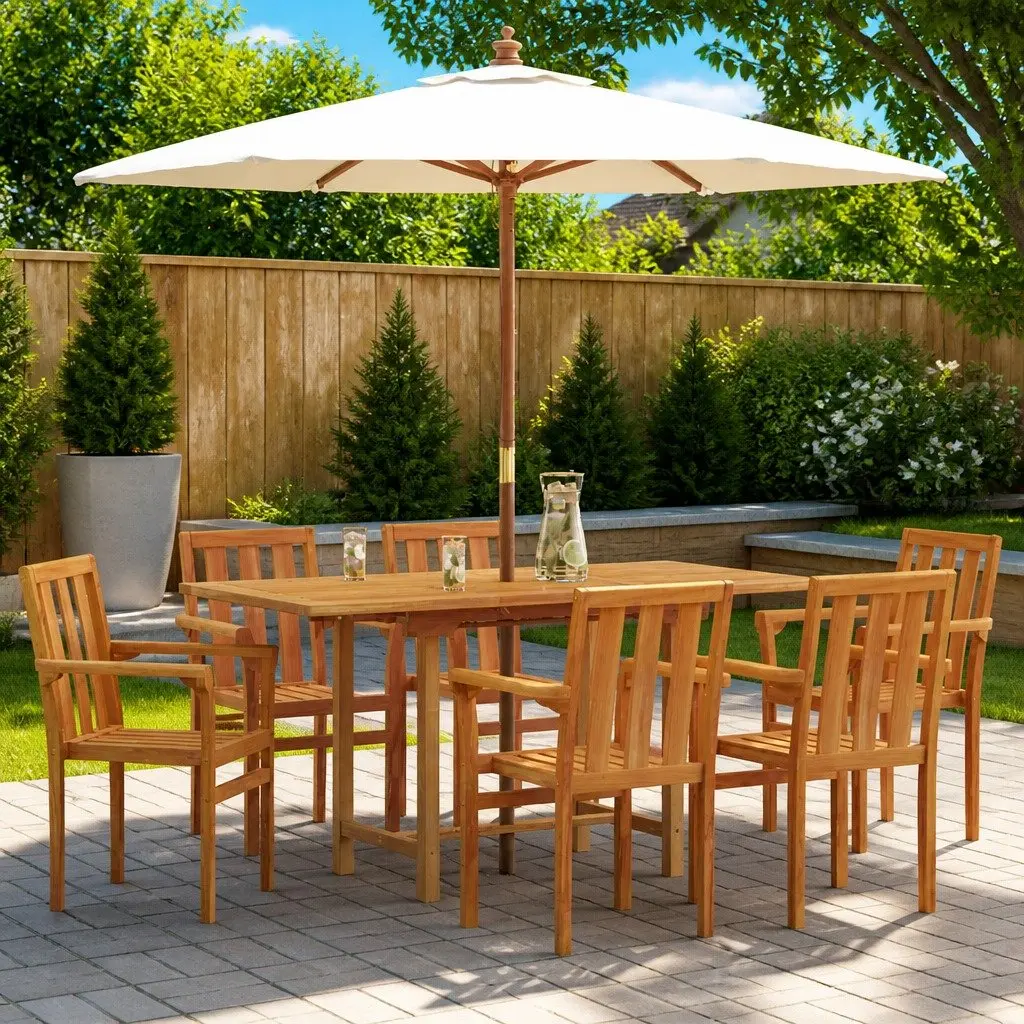 7-Piece Garden Dining Set in Brown Teak Wood