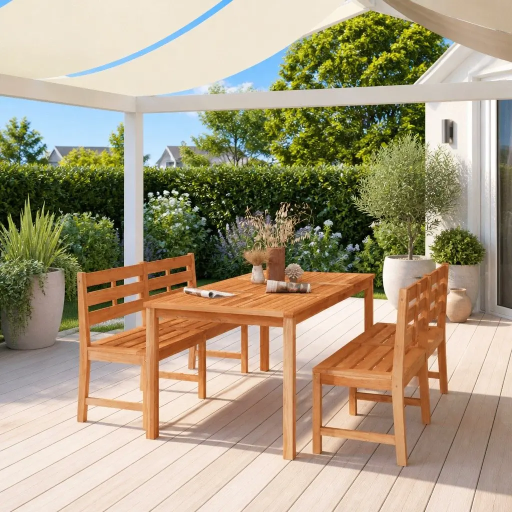 Garden Dining Set Solid Teak Wood 3 Piece Outdoor Furniture Brown Table Benches
