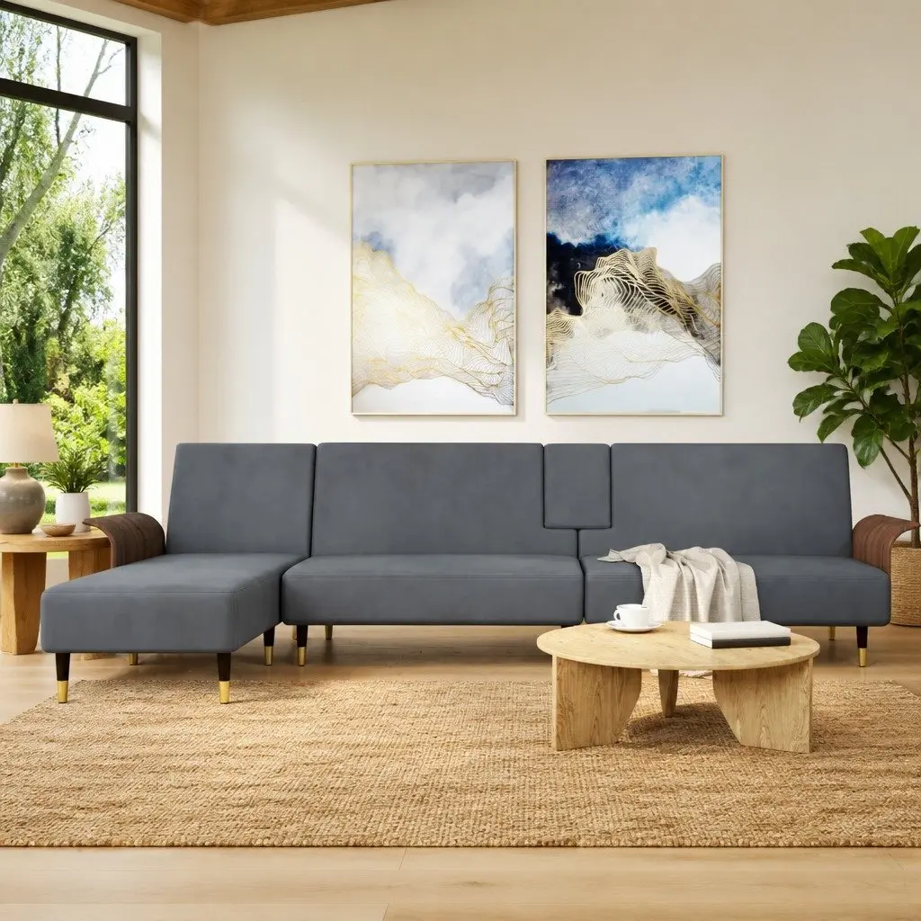 L-Shaped Sofa Bed in Grey with Tea Table