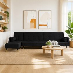 Black Velvet L-Shaped Sofa Bed with Convertible Positions