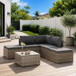 6-Piece Grey Poly Rattan Garden Lounge Set with Cushions