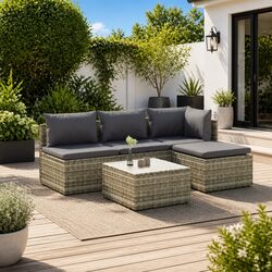 5 Piece Grey Poly Rattan Garden Lounge Set with Cushions