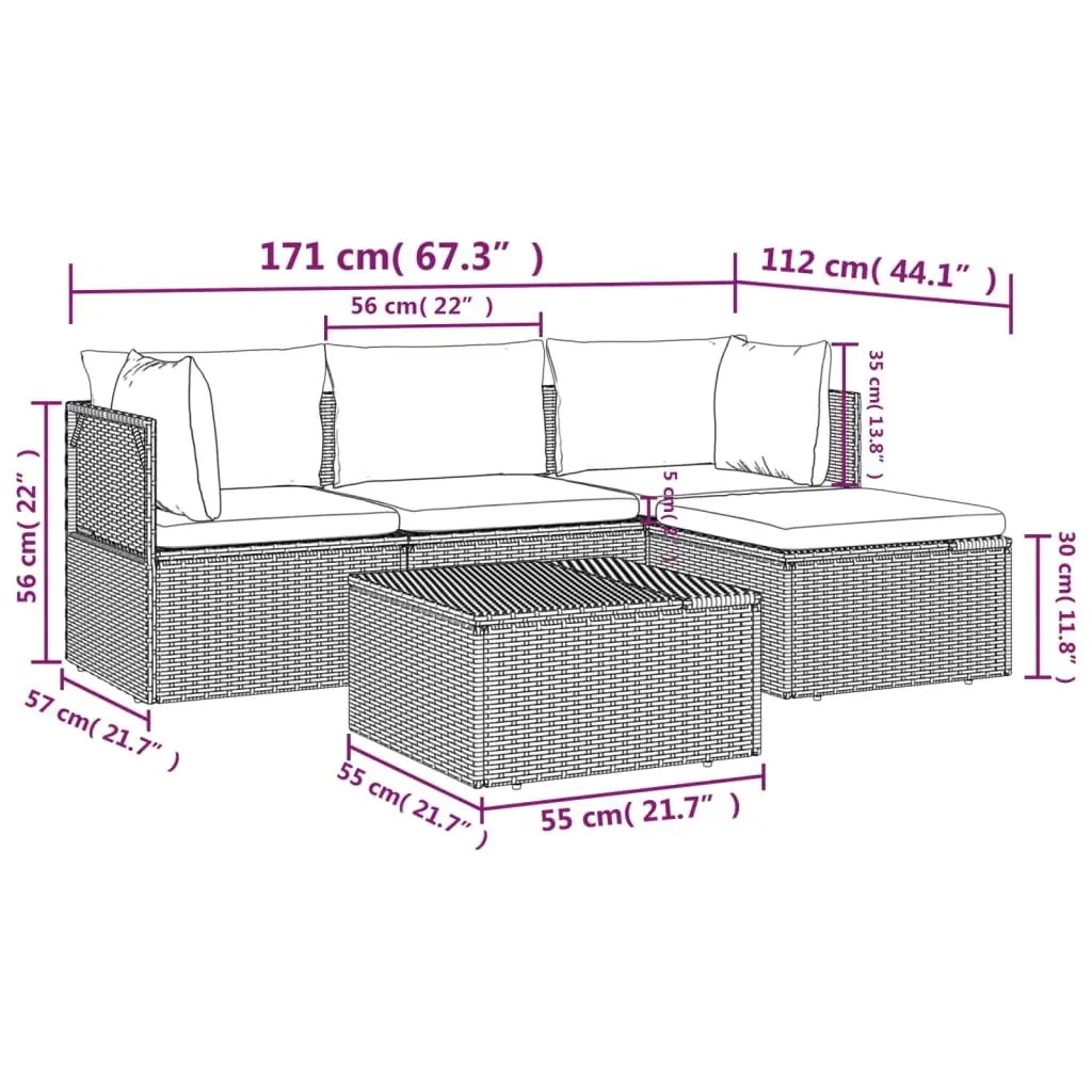 5 Piece Outdoor Patio Sofa Dining Set in Grey