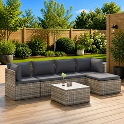 6 Piece Grey Poly Rattan Garden Lounge Set with Cushions