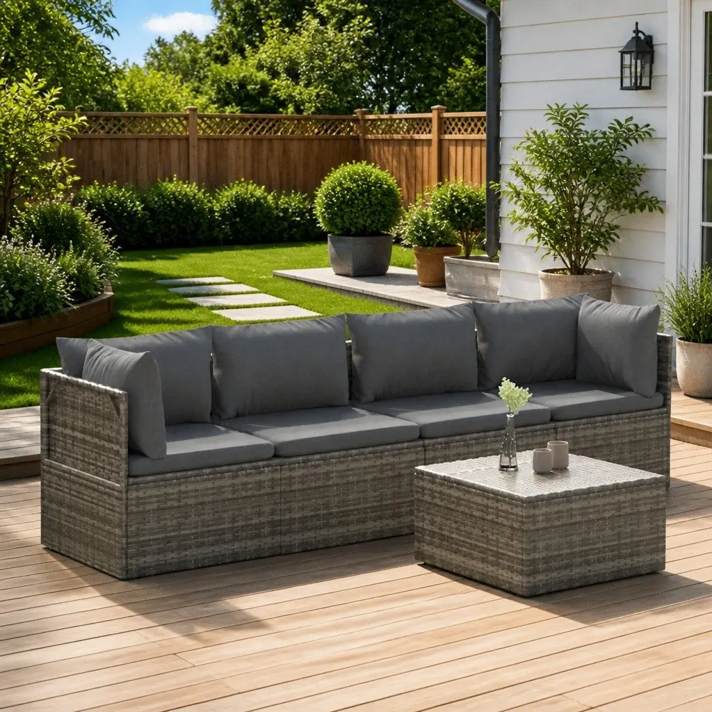 5 Piece Garden Lounge Set Poly Rattan Steel Frame Grey Outdoor Furniture with Cushions