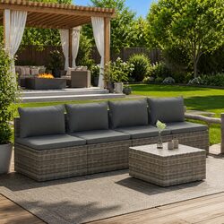 5 Piece Grey Poly Rattan Garden Lounge Set with Cushions