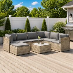 8-Piece Grey Poly Rattan Garden Lounge Set with Cushions