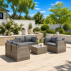 Durable 7 Piece Grey Poly Rattan Garden Lounge Set