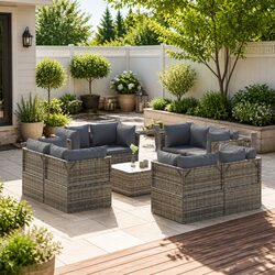 Stylish 9 Piece Grey Poly Rattan Outdoor Lounge Set
