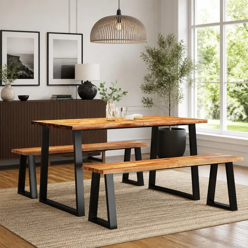 3 Piece Dining Set with Live Edge Acacia Wood