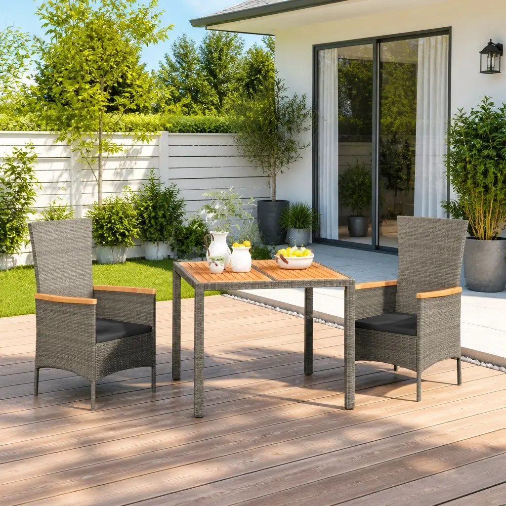 Garden Dining Set PE Rattan 3 Piece Outdoor Furniture with Cushions Grey