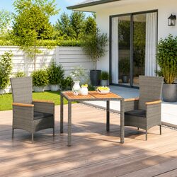 Stylish 3 Piece Garden Dining Set with Cushions Grey Poly Rattan