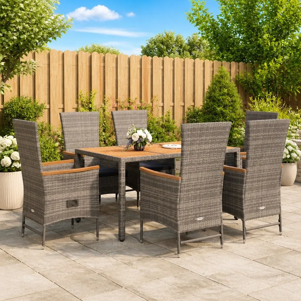 Garden Dining Set PE Rattan 7 Piece Outdoor Furniture Grey Chairs Table Cushions