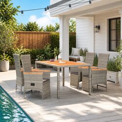 5 Piece Grey Outdoor Dining Set with Rattan Chairs and Cushions