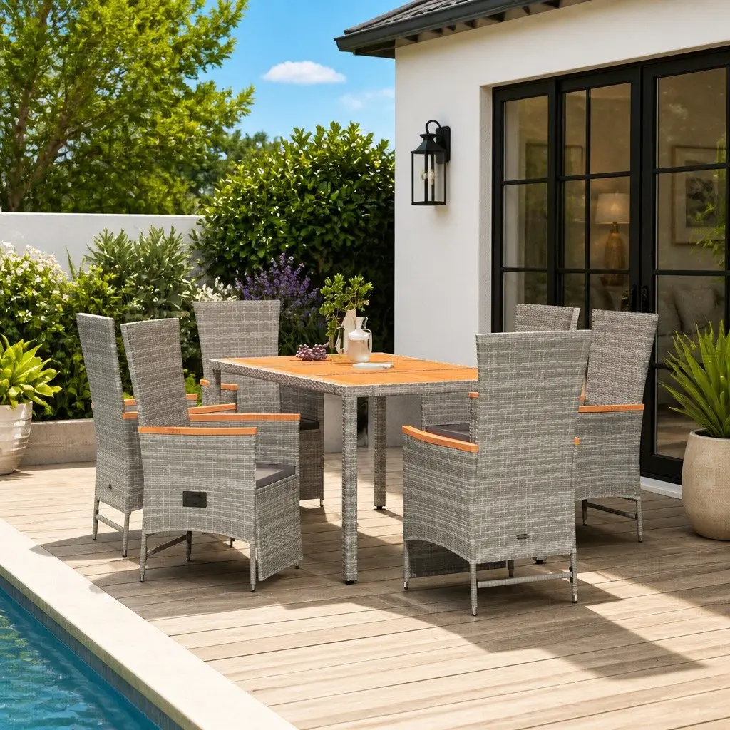 7 Piece Grey Rattan Garden Dining Set