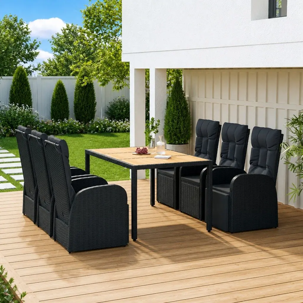 7 Piece Outdoor Dining Set PE Rattan Black Cushions