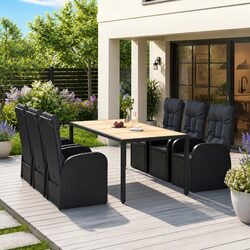 Garden Dining Table Chairs Set 7 Piece Black Poly Rattan with Cushions