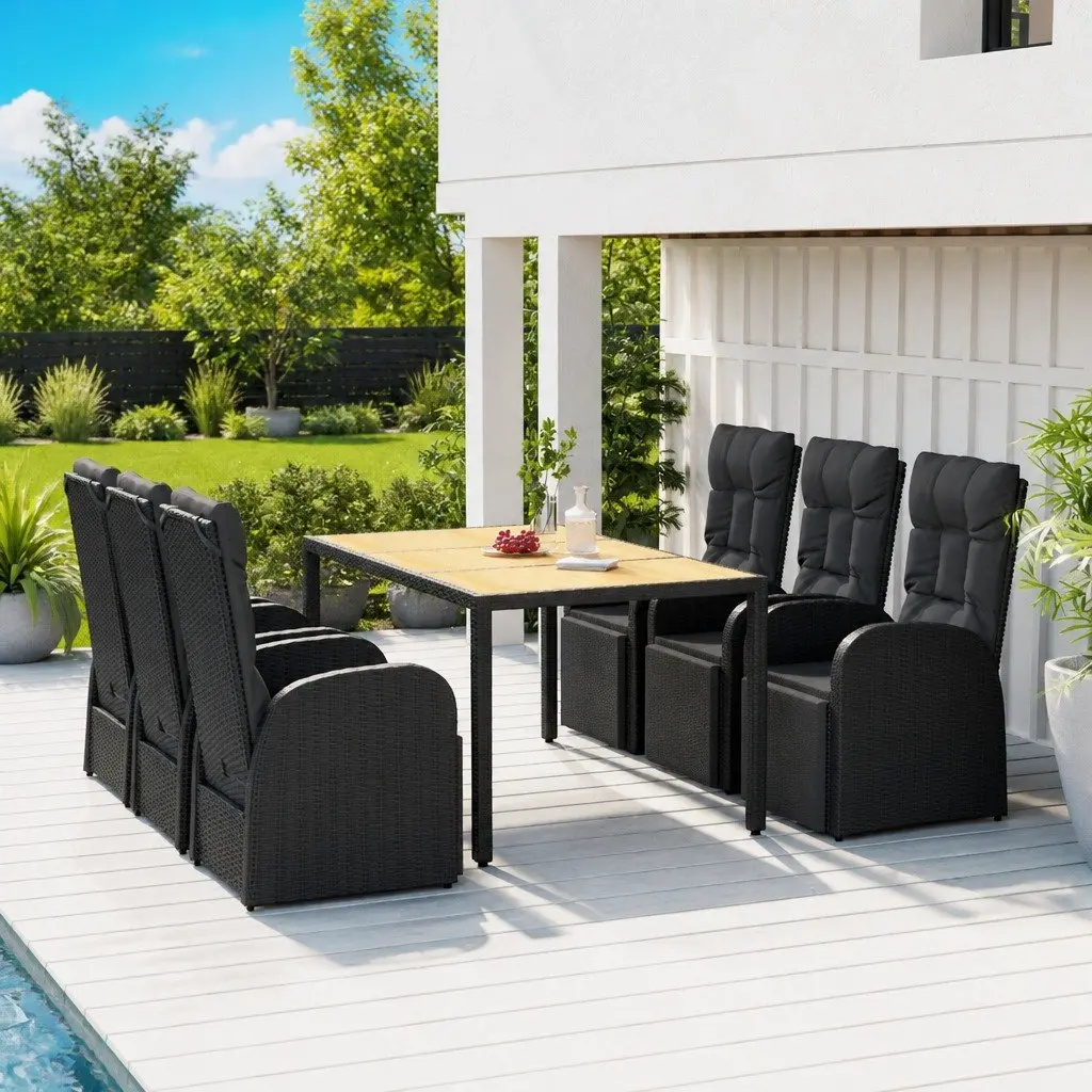 7 Piece Black Poly Rattan Garden Dining Set