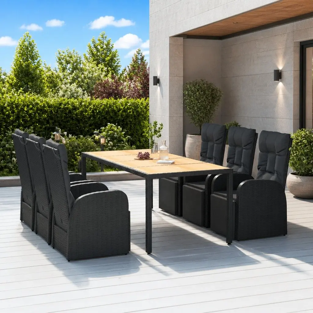 7 Piece Garden Dining Set Poly Rattan Acacia Wood Black Outdoor Patio Furniture