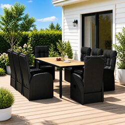 9 Piece Black Poly Rattan Garden Dining Set with Acacia Wood