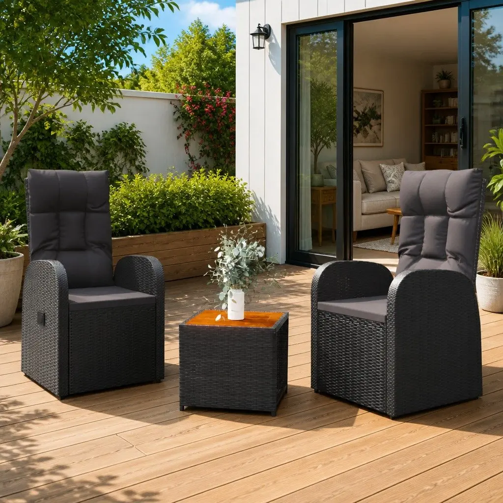 3 Piece Outdoor Lounge Set PE Rattan Steel Frame Black Garden Chair Table Cushion Pillow