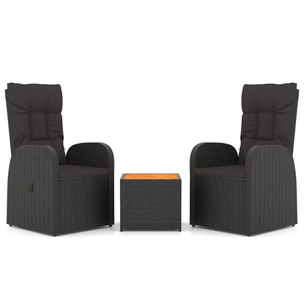 3 Piece Outdoor Lounge Set PE Rattan Steel Frame Black Garden Chair Table Cushion Pillow