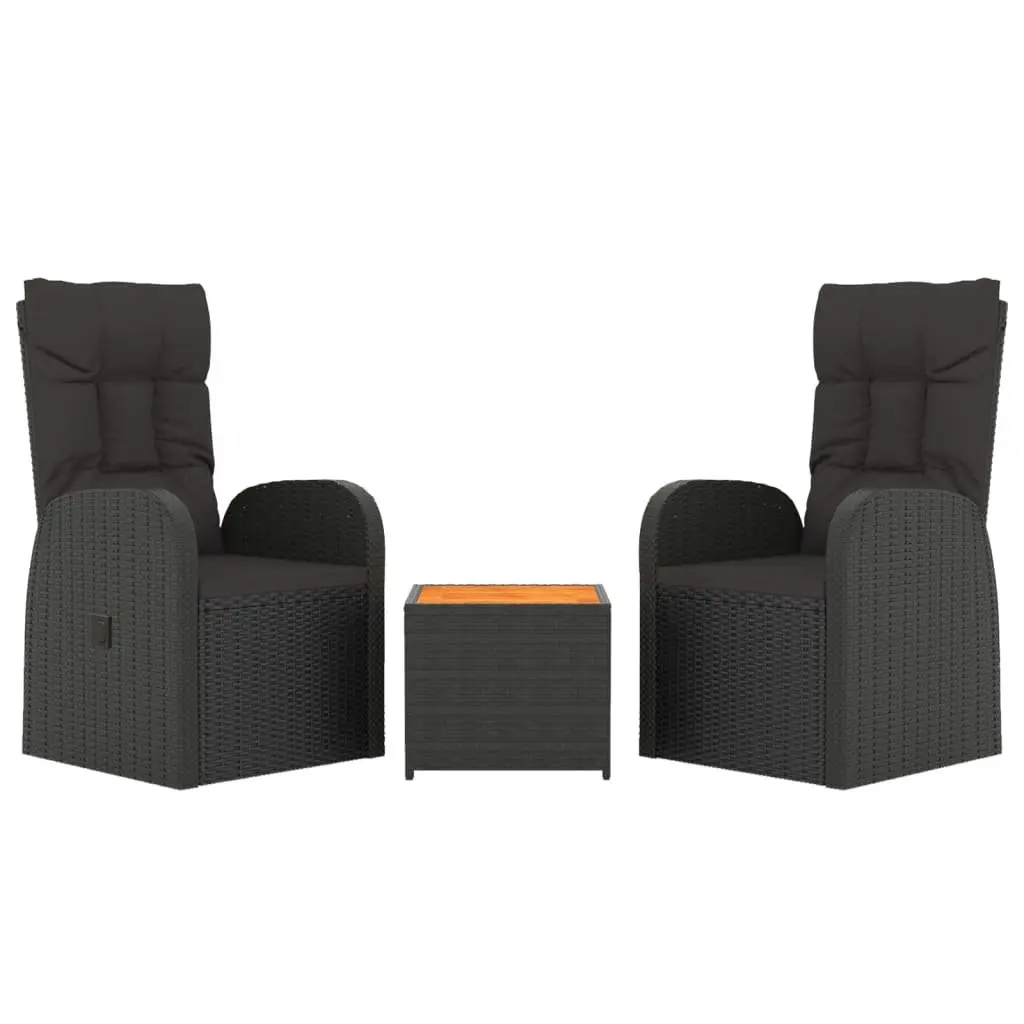 3 Piece Outdoor Lounge Set PE Rattan Steel Frame Black Garden Chair Table Cushion Pillow