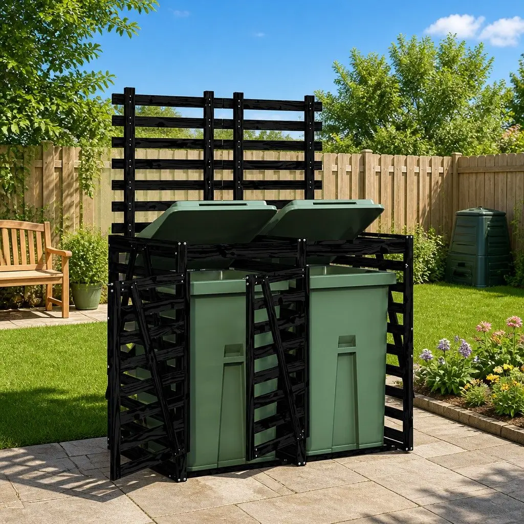 Double Wheelie Bin Storage Unit Solid Pine Wood Black with Ventilation Slats